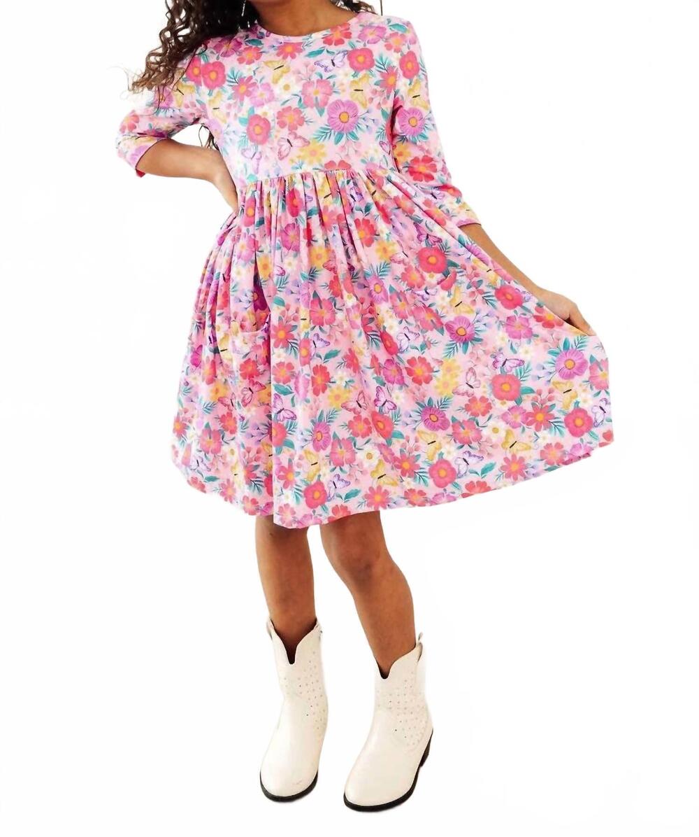 NEW MILA & ROSE fluttering garden three quarter sleeve pocket twirl dress in pin